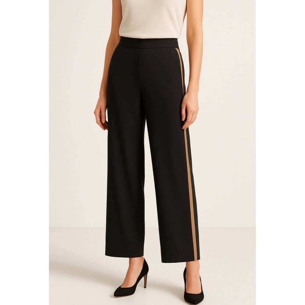 Eileen Fisher Pants 12P Silk Relaxed Straight-Leg Black Tan Stripe Quiet Luxury